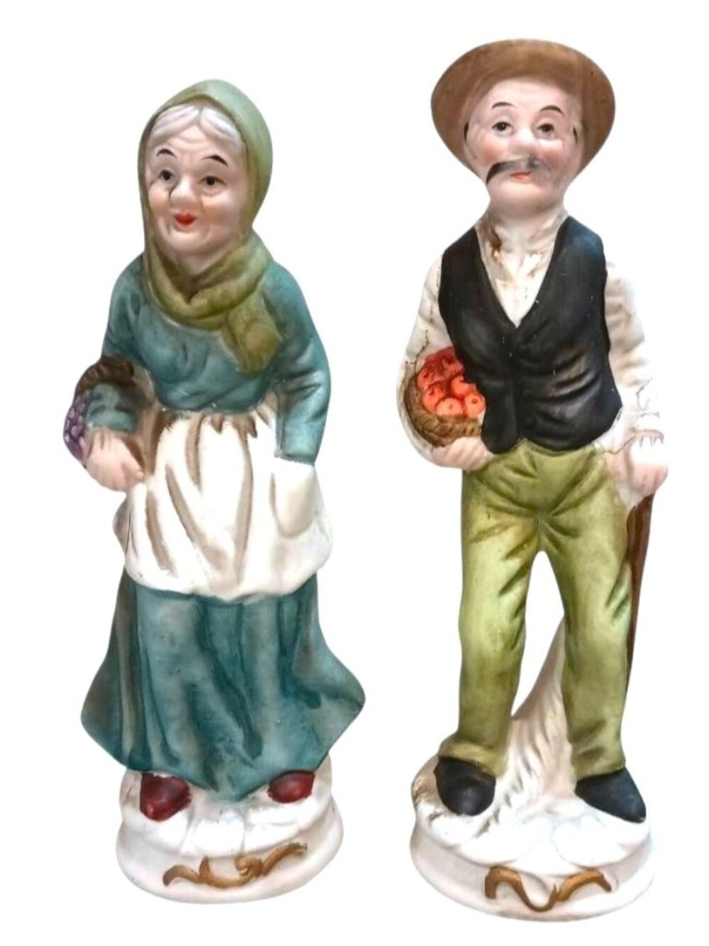 Vintage Flambro Old Man & Woman Farmers Porcelain Figurines 6 3/4" Tall 1970-80s